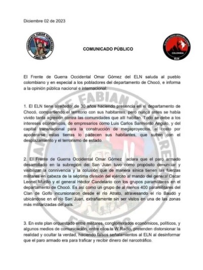 Comunicado ELN fin parao armado Choco Comunicado ELN fin parao armado Choco