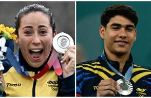 Mariana Pajón, medallista olímpica en Tokio 2020, y Ángel Barajas, plata en París 2024 Mariana Pajón, medallista olímpica en Tokio 2020, y Ángel Barajas, plata en París 2024
