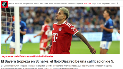 Luis Díaz y su reseña en la prensa de Alemania, tras empate de Bayern en visita al Schalke 04.