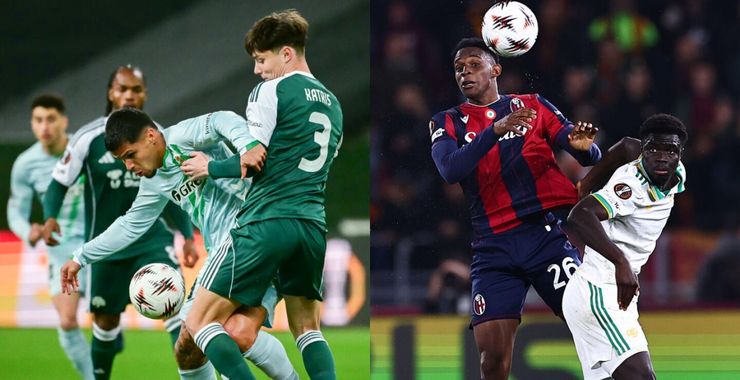 'Cucho' Hernández y Jhon Lucumí en acción con Betis y Bolonia, respectivamente, en partidos de la Europa League.
