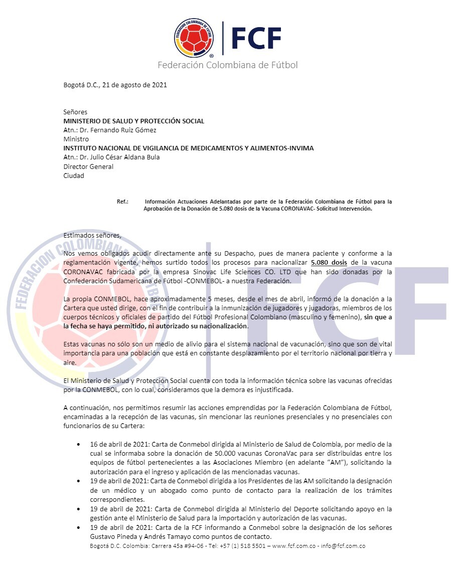 Comunicado FCF vacunas donadas por Conmebol