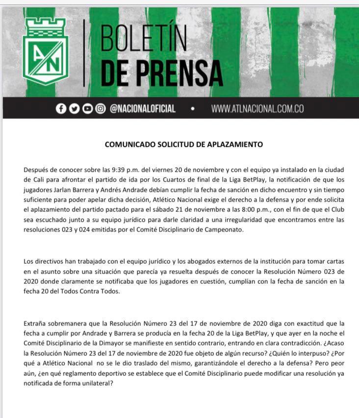 Comunicado Atlético Nacional