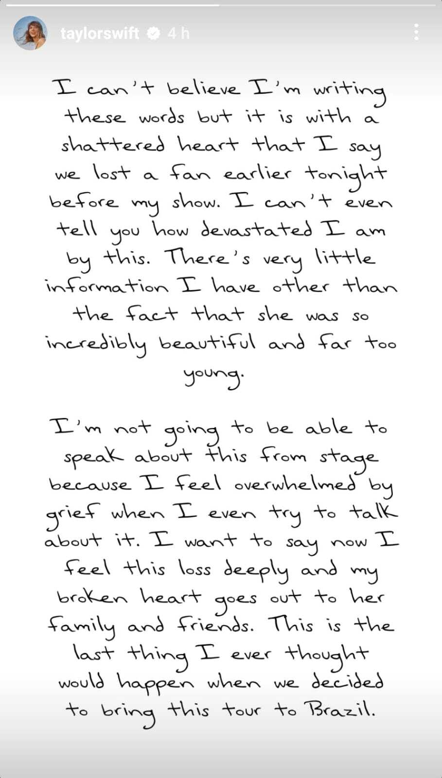 Declaraciones de Taylor por el fallecimiento de una fan Declaraciones de Taylor por el fallecimiento de una fan