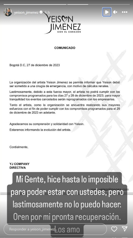 Comunicado de operación de Yeison Jiménez