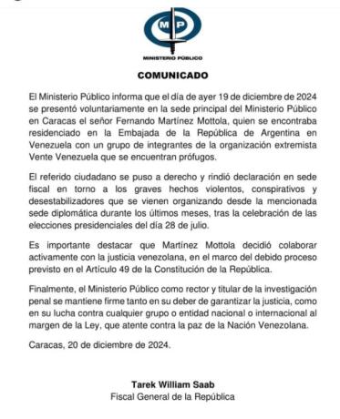 Comunicado sobre conspiraciones en Embajada de Argentina Comunicado sobre conspiraciones en Embajada de Argentina