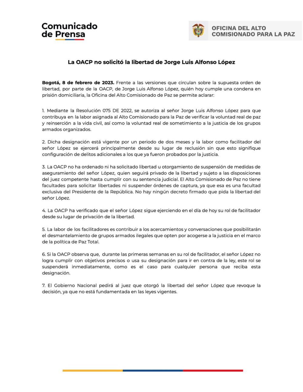 Comunicado de Oficina del alto comisionado para la Paz sobre libertad de Jorge Luis Alfonso Lopez.