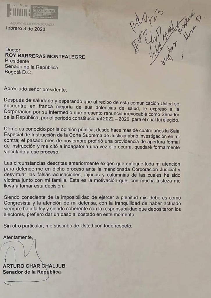 Carta de renuncia de Arturo Char al Senado
