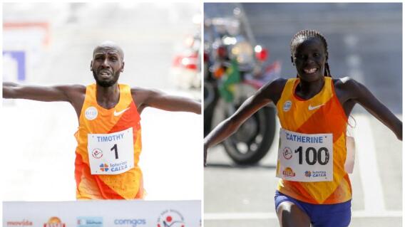 Timothy Kiplagat y Catherine Reline celebrando al llegar a la meta en Sao Silvestre.  Timothy Kiplagat y Catherine Reline celebrando al llegar a la meta en Sao Silvestre.