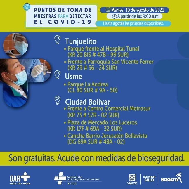 pruebas gratis covid tunjuelito agosto 10 de 2021