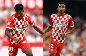 Yaser Asprilla y Jhon Solis, jugadores colombianos durante partido con el Girona de España