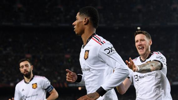 Marcus Rashford celebrando anotación contra el Barcelona de España. Marcus Rashford celebrando anotación contra el Barcelona de España.