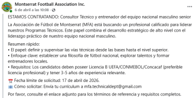 La Selección de Montserrat y su oferta de trabajo en redes sociales.