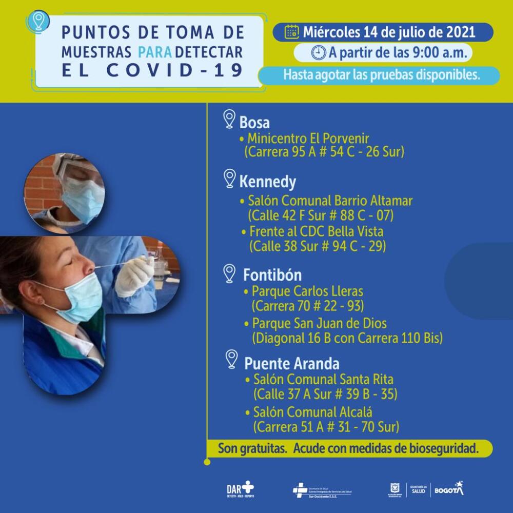 Pruebas gratis de COVID en Bogotá hoy 14 de julio