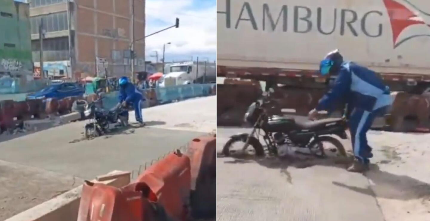 Motociclista quedó atrapado en cemento por meterse en obra de TransMilenio: lo buscan para multarlo