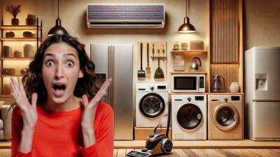 Mujer sorprendida con fondo de electrodomésticos Mujer sorprendida con fondo de electrodomésticos
