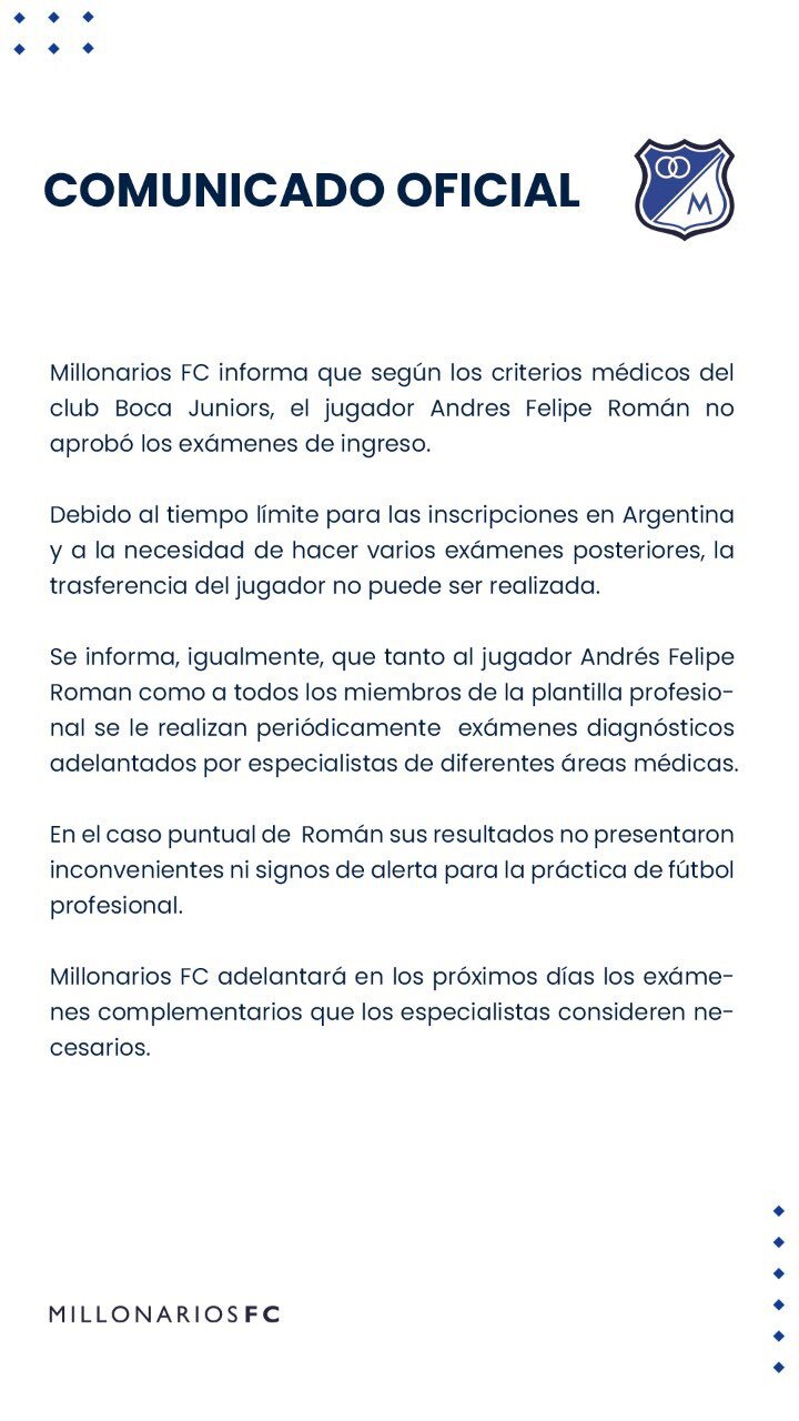 Comunicado de Millonarios sobre Román 