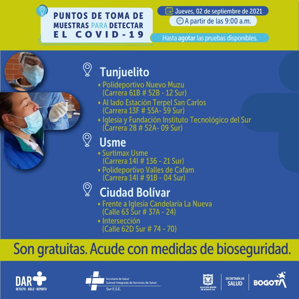 Pruebas gratis de COVID-19 en Bogotá