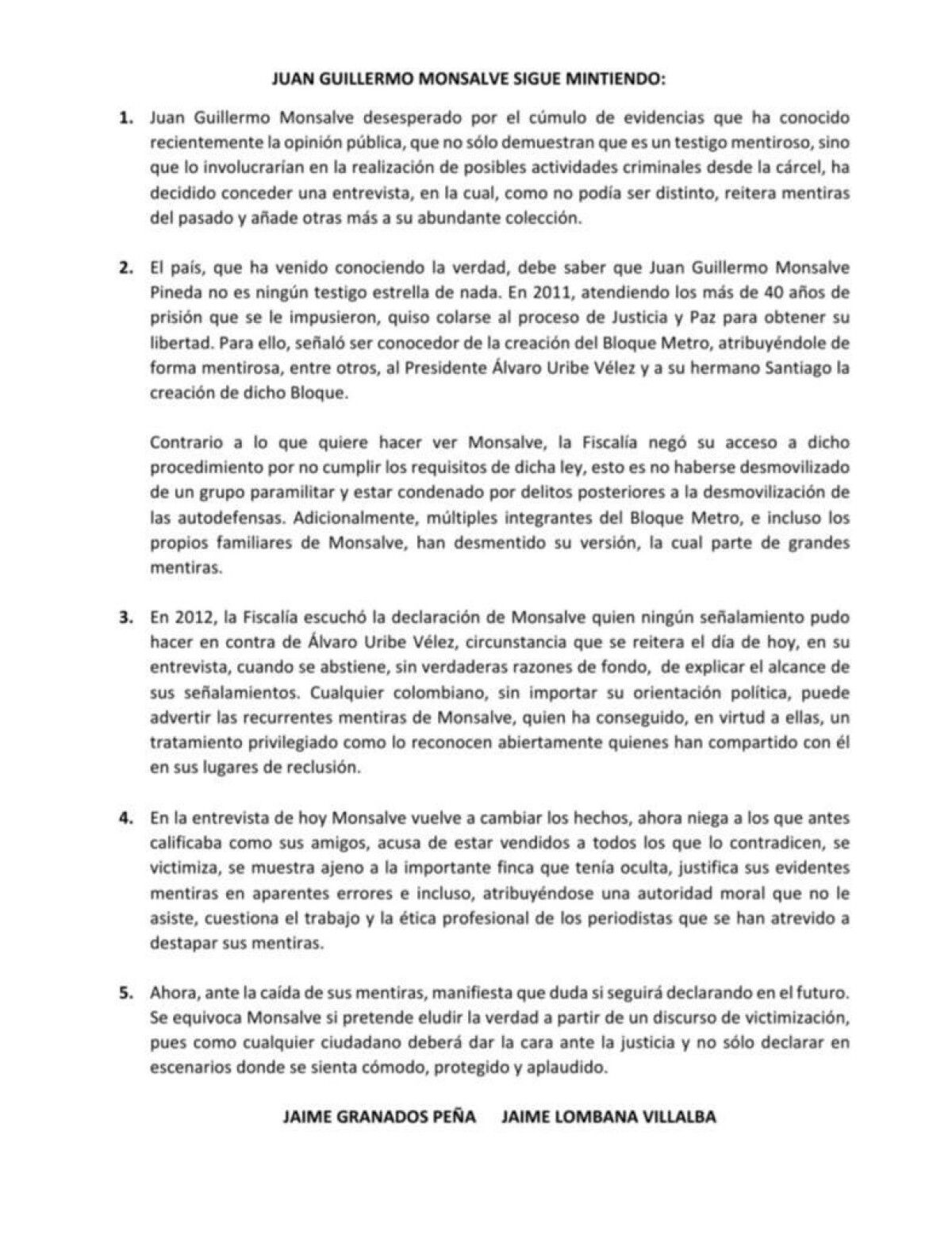 Comunicado defensa Uribe
