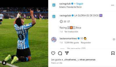 Comentario de Lautaro Martínez sobre la publicación de Racing. Comentario de Lautaro Martínez sobre la publicación de Racing.