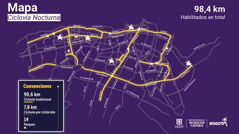 Mapa de Ciclovía Nocturna en Bogotá