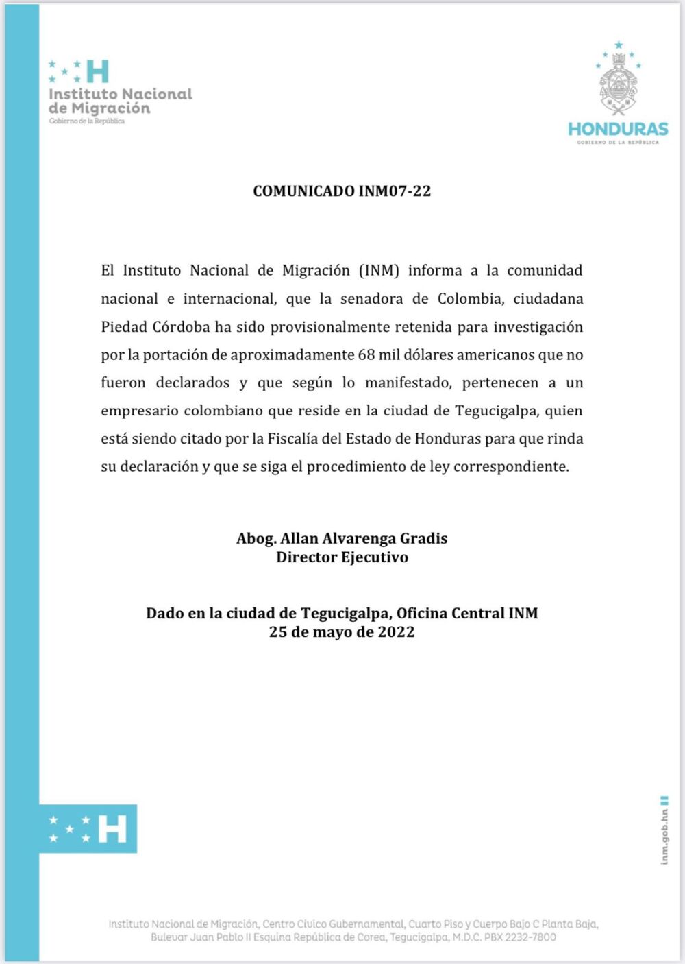 Comunicado del Instituto Nacional de Migración de Honduras sobre retención de Piedad Córdoba