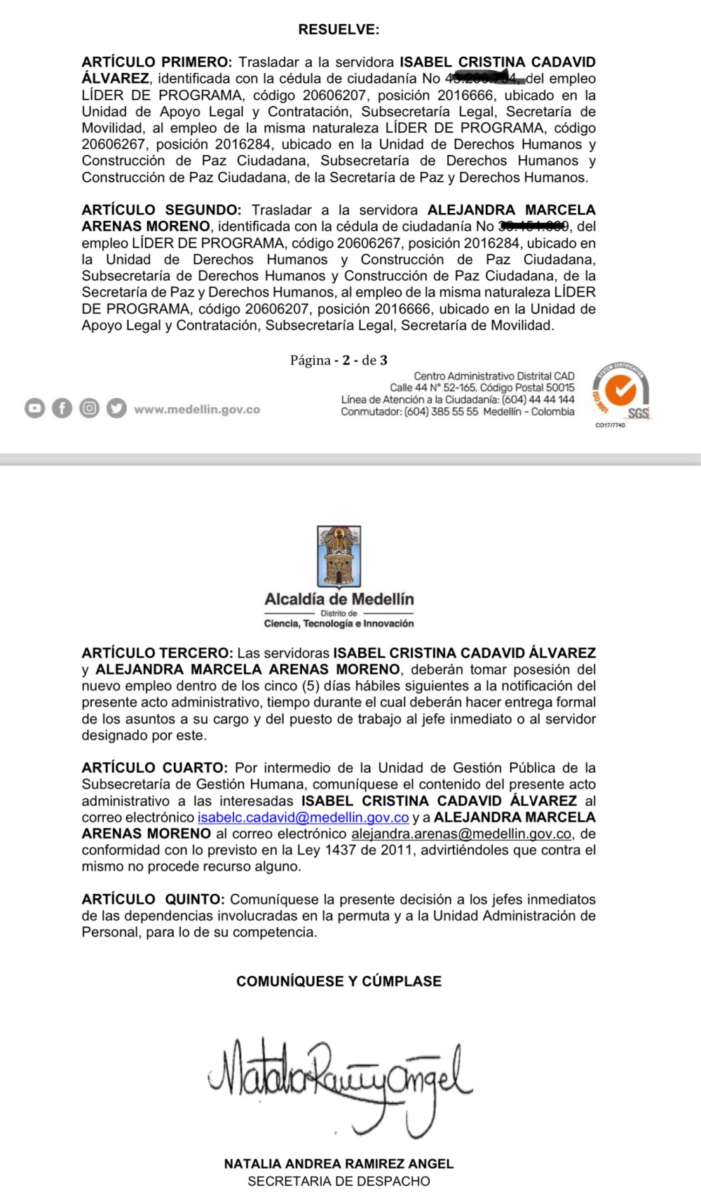 Traslado funcionaria Alcaldía de Medellín.