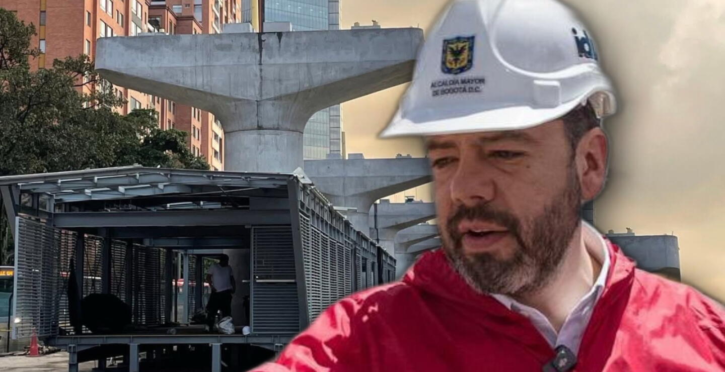 Alcalde Galán junto a foto del metro de Bogotá y estación de TransMilenio 