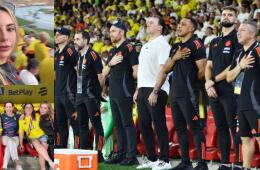 Nair Aliaga, novia del hijo de Néstor Lorenzo en medio del partido entre Colombia y Bolivia por Eliminatorias. 