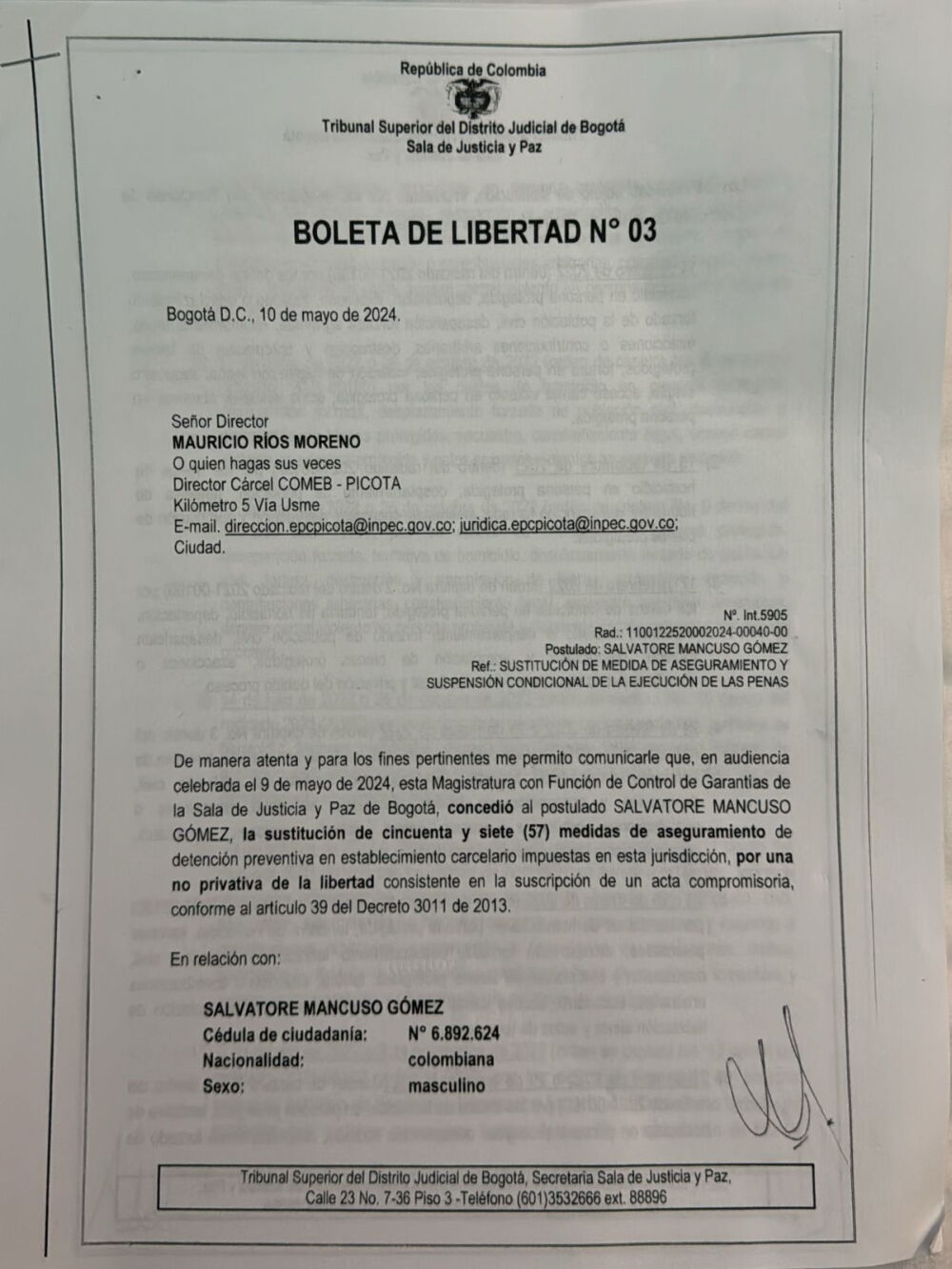 Esta es la boleta de libertad de Salvatore Mancuso emitida por la Sala de Justicia y Paz de Bogotá