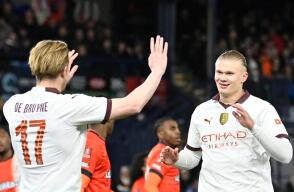 Erling Haaland y Kevin De Bruyne celebran el primer gol de Manchester City vs. Luton, en la FA Cup Erling Haaland y Kevin De Bruyne celebran el primer gol de Manchester City vs. Luton, en la FA Cup