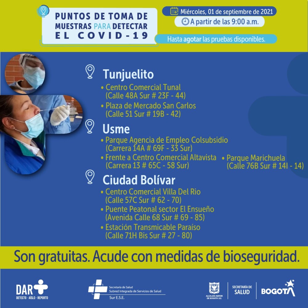 Pruebas gratis de COVID-19 en Bogotá
