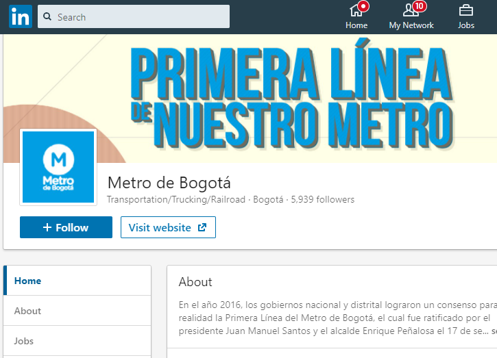 Perfil de Linkedin del Metro de Bogotá