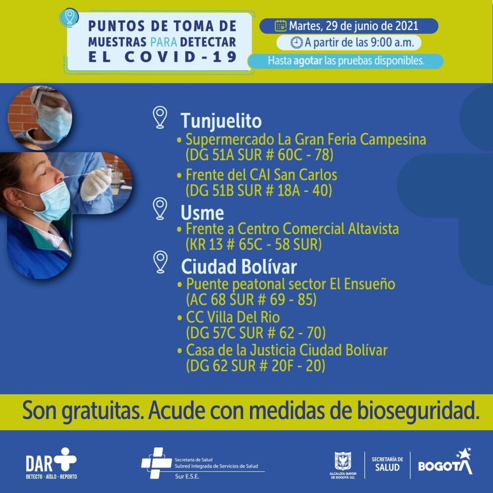 Pruebas gratis de COVID-19 en Bogotá 29 de junio