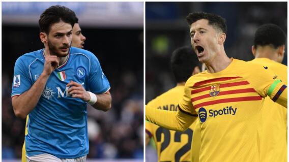 Khvicha Kvaratskhelia y Robert Lewandowski, delanteros del Nápoles y Barcelona, respectivamente. 