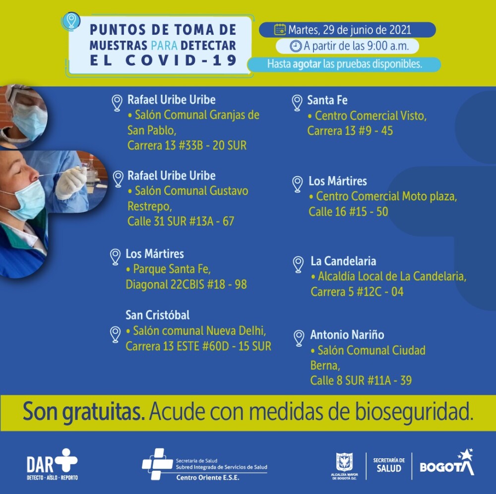 Pruebas gratis de COVID-19 centro de Bogotá 29 de junio