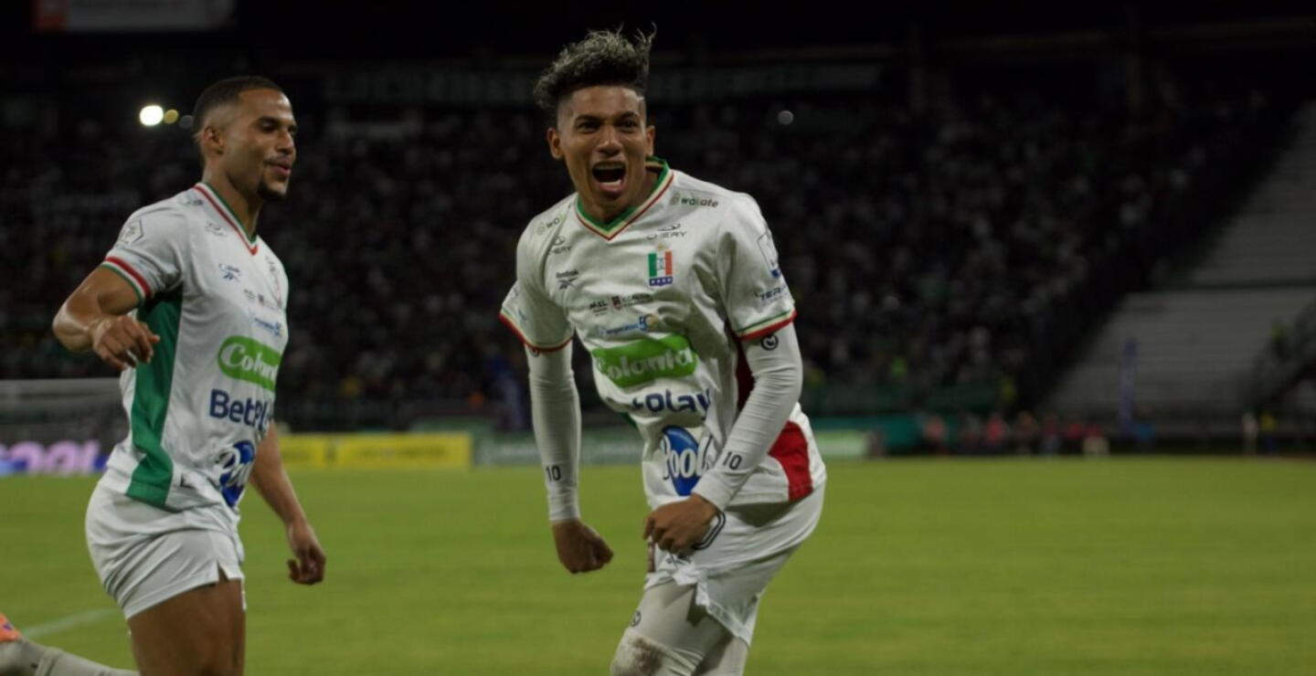 Once Caldas y un festejo de gol contra Nacional por la fecha 19 de la Liga BetPlay I-2026.