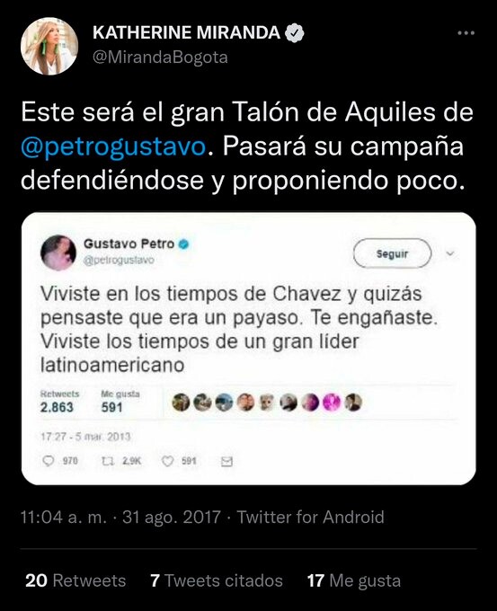 Trinos de Katherine Miranda contra Petro