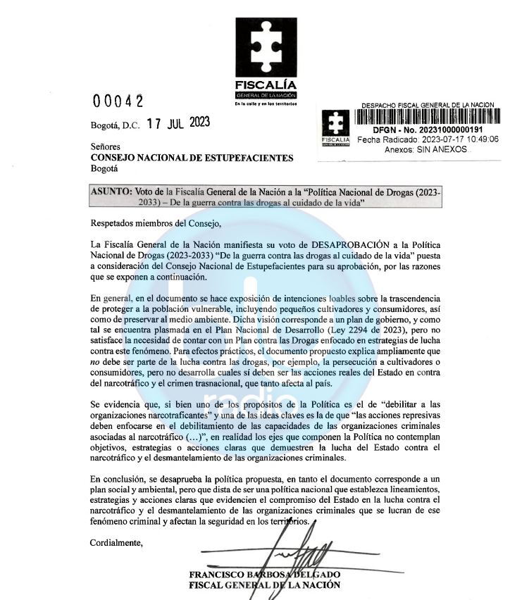 La carta del fiscal Francisco Barbosa