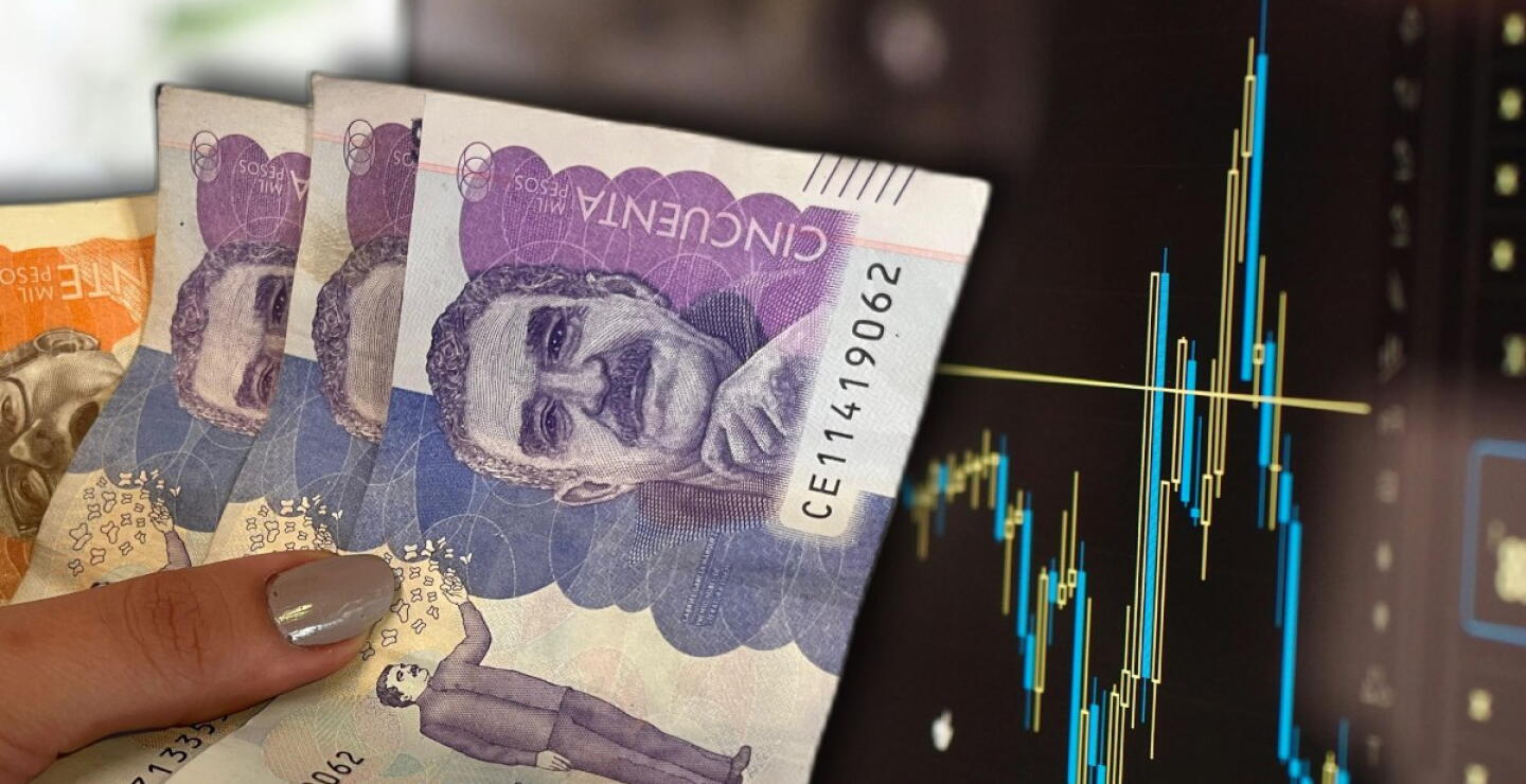 Billetes colombianos junto a gráfica. 