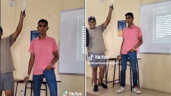 Con catéter y suero en mano un estudiante presentó su exposición en el salón de clase Con catéter y suero en mano un estudiante presentó su exposición en el salón de clase