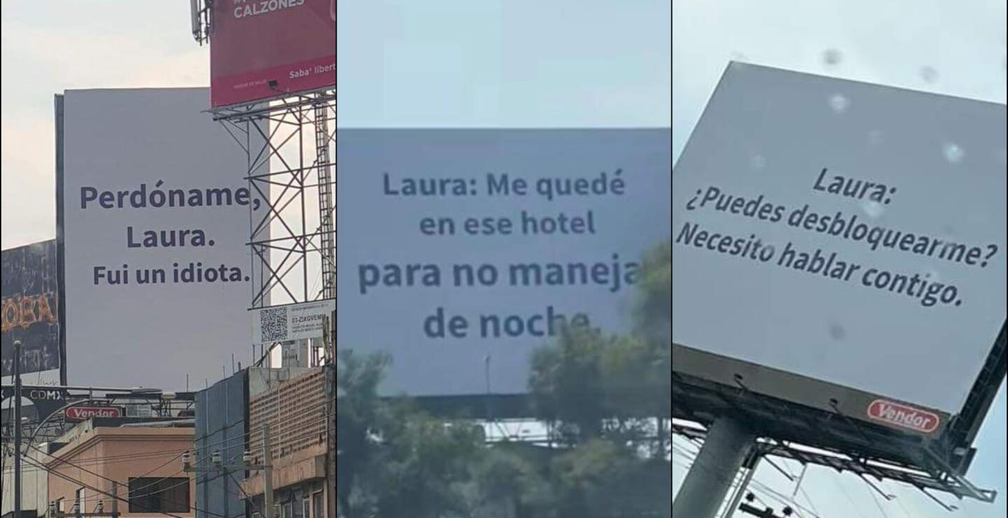 Valla publicitaria con mensajes de arrpentimiento de un hombre hacía su pareja 