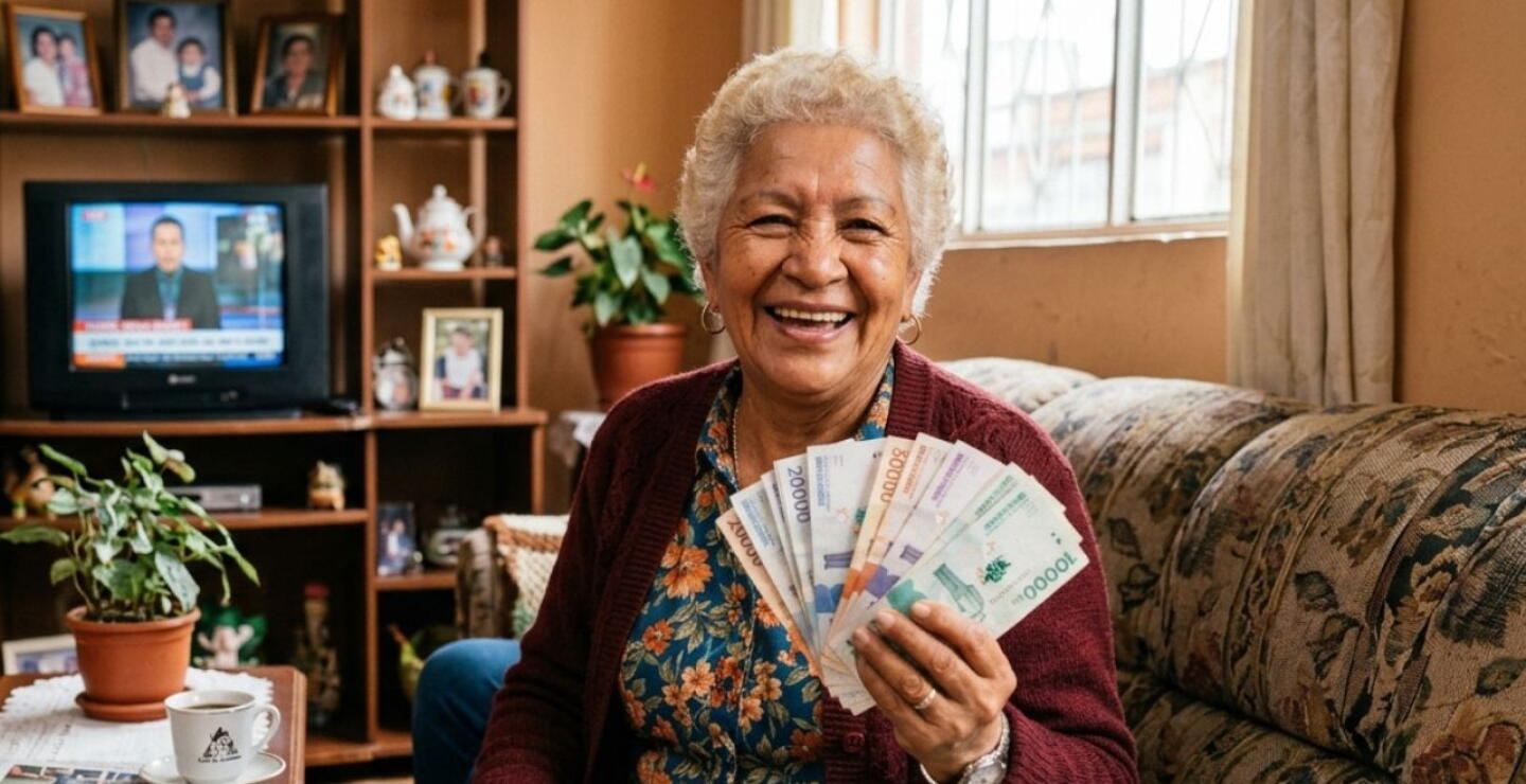 Mujer mayor sonriente sosteniendo billetes colombianos en su sala mientras ve televisión, en referencia a indemnización para pensionados.