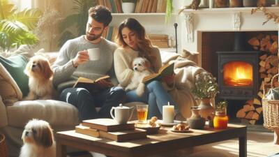 Pareja heterosexual en la sala de una casa junto a sus perros y leyendo