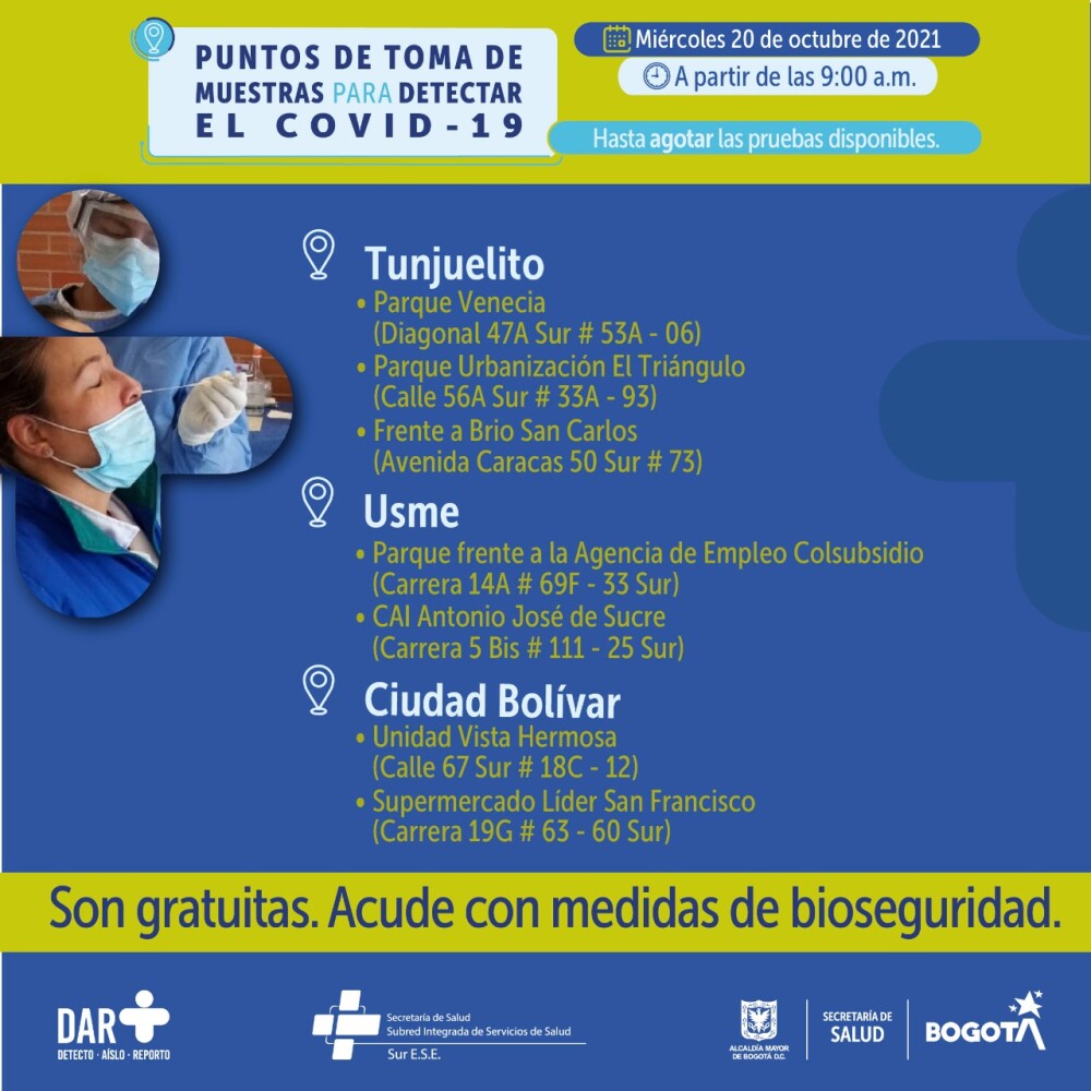 Pruebas gratis de COVID-19 en Bogotá