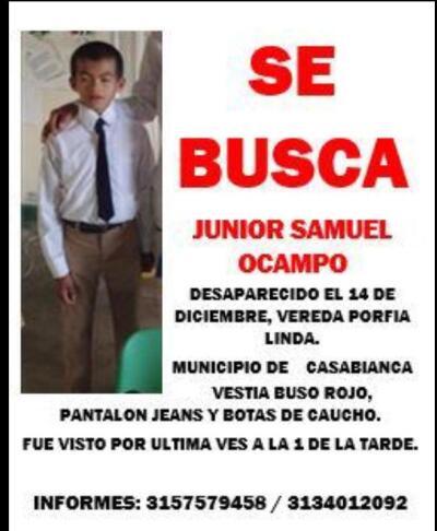 Él es Junior Samuel Ocampo, niño que está desaparecido en Tolima. Él es Junior Samuel Ocampo, niño que está desaparecido en Tolima.