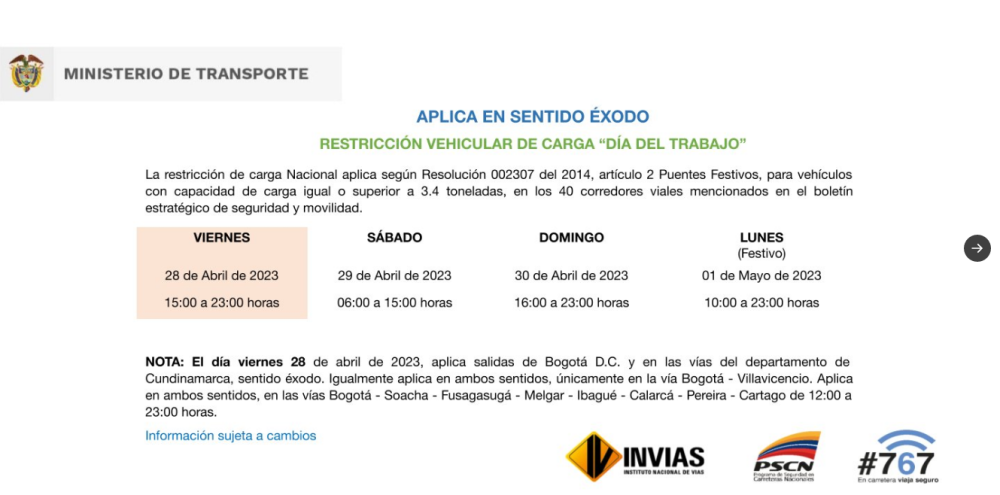 Restricción para vehículos de carga en este puente festivo: conozca los ...