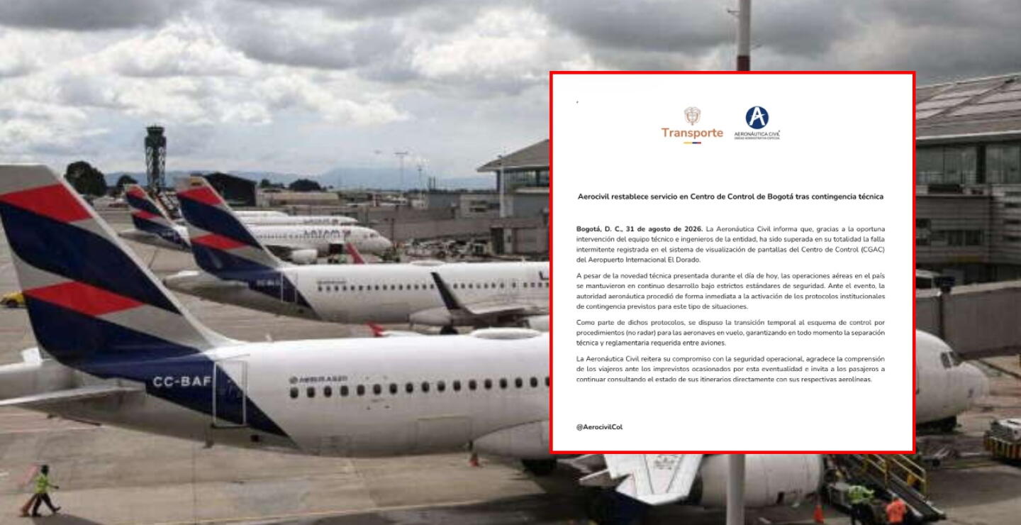 Aerocivil restableció el servicio en el Centro de Control de Bogotá tras falla técnica. -