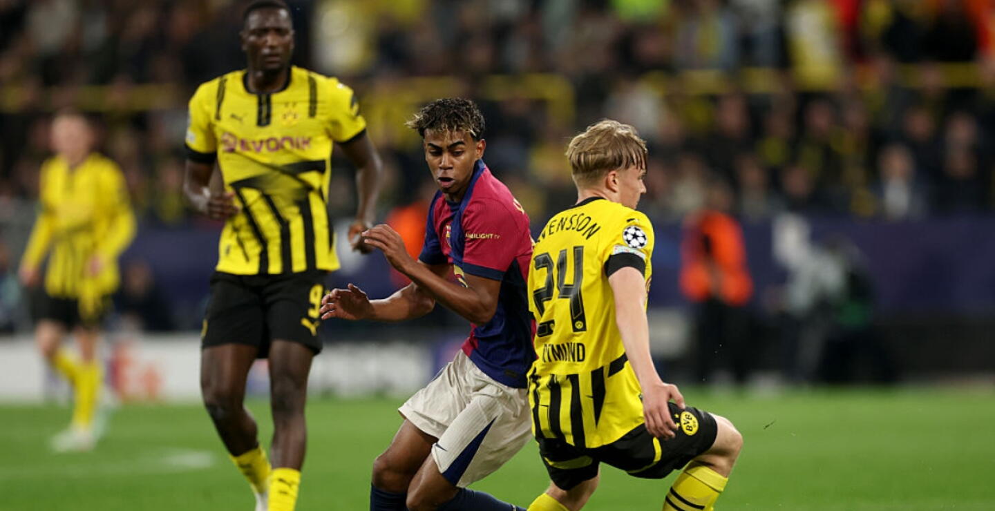Acción de juego entre Borussia Dortmund y Barcelona por la vuelta de los cuartos de final de la Champions League. 