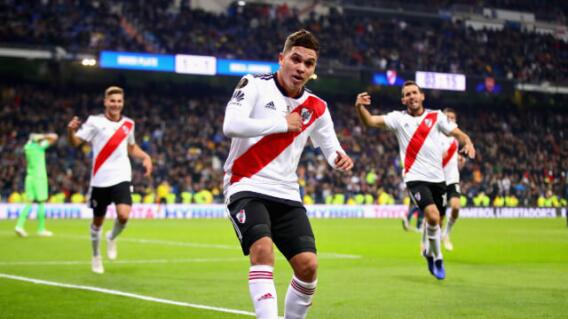 Juan Fernando Quintero en la celebración de su gol frente a Boca Juniors, en Madrid.