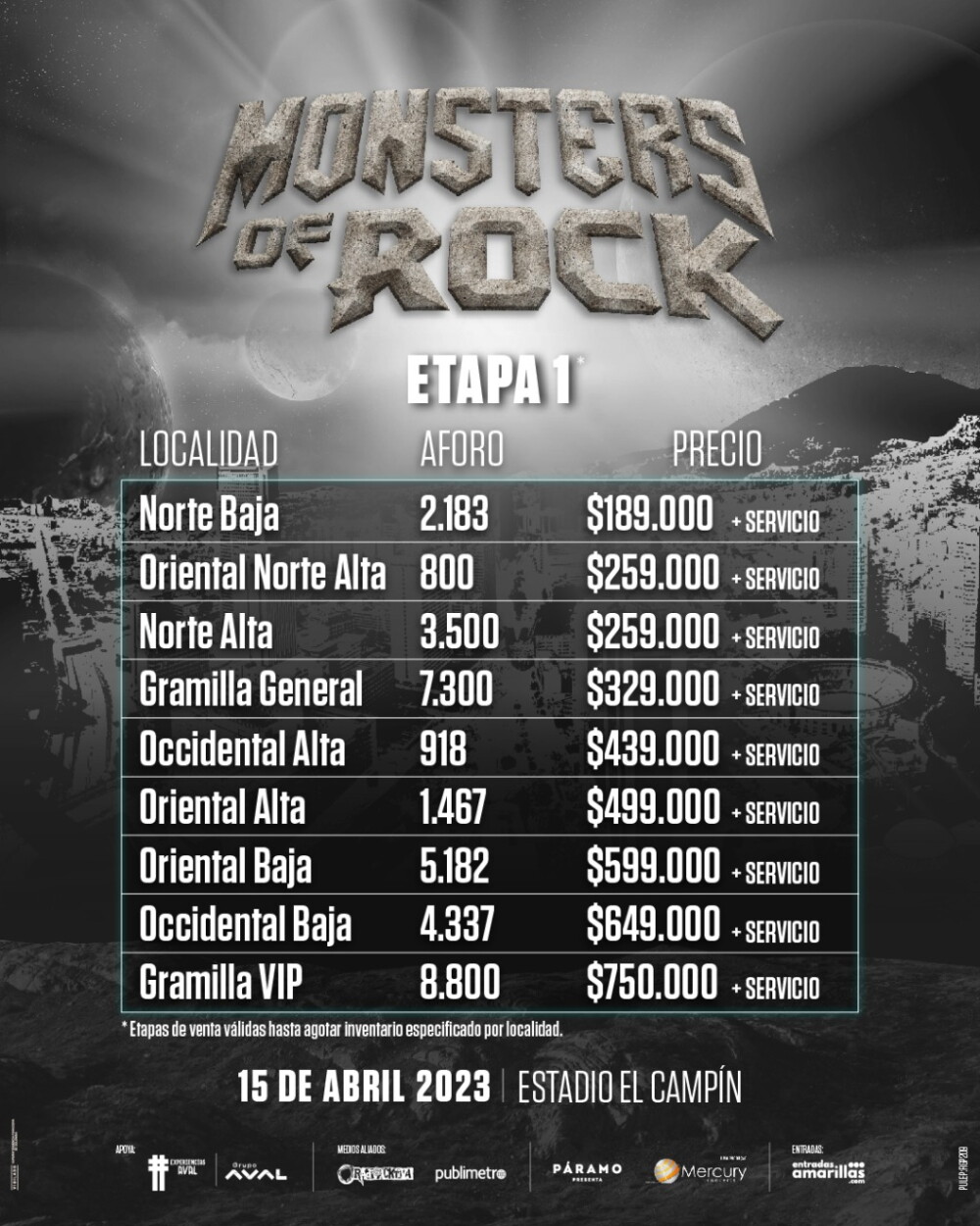 Monsters of Rock Colombia, precios de boletería